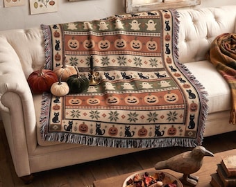 Cozy Halloween Woven Blanket, Spooky Black Cat Throw, Jack o Lantern Tapestry, Cute Fall Ghost Autumn Home Decor