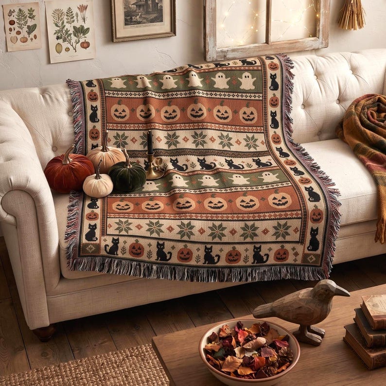 a cozy living room with a white sofa, a decorative Halloween-themed blanket, and various fall-themed decor items such as pumpkins, a bird figurine, and a bowl of autumn leaves.