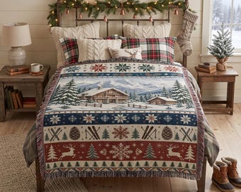 Winter Cabin Woven Blanket, Alpine Ski Tapestry Wall Hanging, Lodge Decor, Nordic Snowflake Reindeer Throw, Cozy Mountain Housewarming Gift