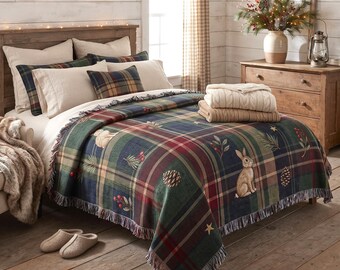 Woodland Bunny Plaid Woven Blanket, Rustic Tartan Tapestry Wall Hanging, Cozy Cottagecore Winter Rabbit Decor, Cabin Nature Lover Gift