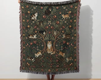 William Morris Cat Woven Blanket, Pomegrante Tree Tapestry, Vintage Botanical Cat Decor, Unique Cat Lover Gift for Crazy Cat Lady