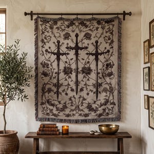Medieval Sword Tapestry, Floral Knight Throw, Gothic Woven Blanket, Renaissance Art, Dark Fantasy Decor