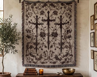 Medieval Sword Tapestry, Floral Knight Throw, Gothic Woven Blanket, Renaissance Art, Dark Fantasy Decor