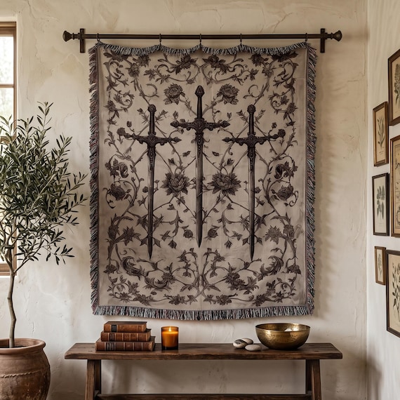 Medieval Sword Tapestry, Floral Knight Throw, Gothic Woven Blanket, Renaissance Art, Dark Fantasy Decor