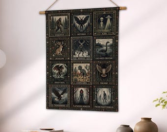 Cryptidcore Tapestry, Weirdcore Wall Hanging, Cryptozoology Blanket, Mothman Bigfoot Wendigo, Folklore Art, Spooky Decor