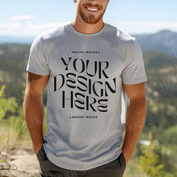 Gildan 5000 Mockup Sport Grey Mockup Mens Tshirt Mockup Male Model Sport Gray Gildan 5000 Shirt Man Lifestyle Outdoor Nature Mountain Tee