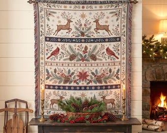Vintage Christmas Woven Blanket, Woodland Deer Throw, Cardinal Wall Hanging, Rustic Holiday Tapestry, Cabin Decor, Winter Cottagecore Gift