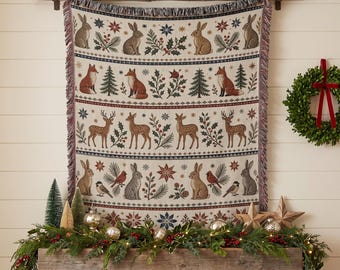 Nordic Woodland Woven Blanket, Rustic Winter Deer Tapestry, Folk Art Forest Animal Wall Hanging, Cozy Cottagecore, Christmas Holiday Throw