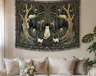 William Morris Cat Wall Tapestry, Enchanted Forest Woven Blanket, Whimsical Feline Decor Art, Unique Cat Mom Gift