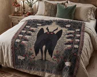 Mothman Tapestrry, Cryptid Woven Blanket, Cryptidcore Throw, Weirdcore Decor, Floral Moth Man, Mythical Creature
