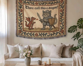 Funny Medieval Cat Woven Tapestry, Weird Dragon Blanket, Quirky Cat Knight, Ren Faire Decor, Renaissance Humor