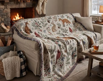 Winter Woodland Woven Blanket, Christmas Wall Hanging,, Cottagecore Fox Tapestry, Rabbit Cardinal Throw, Rustic Botanical Nature Holiday