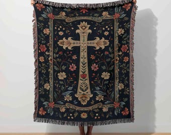Christian Cross Woven Blanket, Floral Cross Tapestry, Faith Based, Christian Throw, Religious Decor, Sacred Catholic