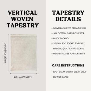 a vertical woven tapestry with details about its care instructions.