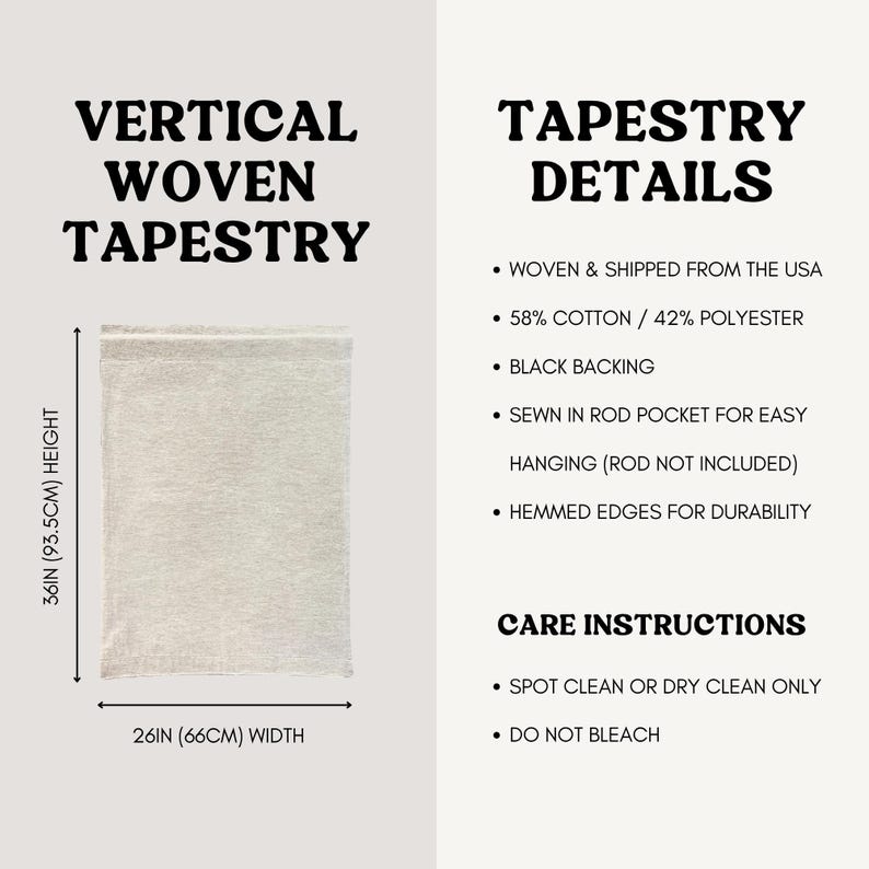 a vertical woven tapestry with details about its care instructions.