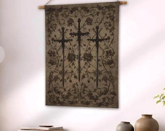 Medieval Sword Woven Tapestry, Regal Wall Hanging Art, Bookish Fantasy, Gothic Floral Renaissance Decor