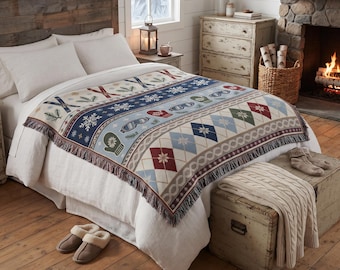 Apres Ski Woven Blanket, Vintage Alpine Wall Hanging Tapestry, Rustic Skiing Throw, Cabin Winter Decor, Cozy Retro Mountain Ski Lodge Gift