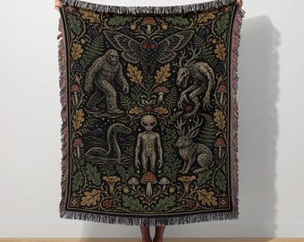 Cryptidcore Woven Blanket, Weirdcore Decor, Cryptid Wall Hanging Tapestry, Mothman Folklore, Bigfoot Alien, Wendigo Throw