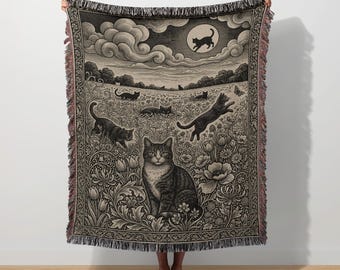 William Morris Cat Woven Blanket, Whimsical Cat Floral Tapestry, Cat Mom Throw Gift, Vintage Cat Lover Wall Hanging