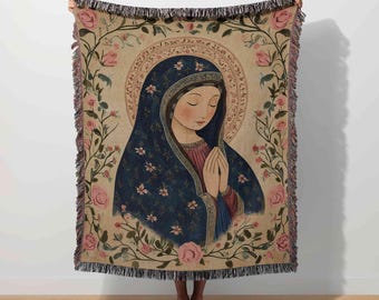 Virgin Mary Woven Blanket, Catholic Tapestry, Mother of God Throw, Virgin Mary Christian, Religious Faith Based Floral Decor