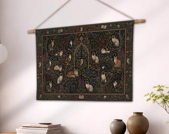 Dark Academia Cat Woven Blanket, Gothic Cat Mom Wall Hanging Tapestry, Witchy Feline Throw, Victorian Cottagecore Decor Gift