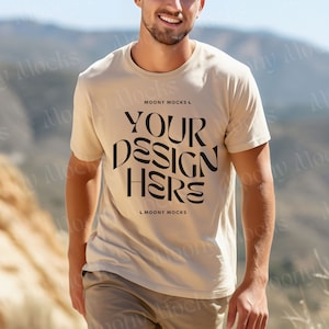 Gildan 5000 Mockup Sand Tshirt Mockup Mens Shirt Mockup Male Model Shirt Sand Gildan 5000 Man Lifestyle Outdoor Nature Mountain Tee Blank