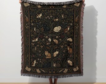 Dark Academia Cat Woven Blanket, William Morris Feline Wall Tapestry, Bookish Cat Lover Throw, Whimsigoth Gothic Decor