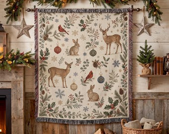 Winter Woodland Woven Blanket, Vintage Christmas Tapestry, Rustic Deer Wall Hanging, Forest Animal Holiday Throw Decor, Nature Lover Gift
