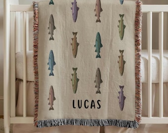 Personalized Rainbow Trout Fishing Baby Blanket, Custom Fisherman Boy Nursery Decor Gift, Fisher Baby Shower