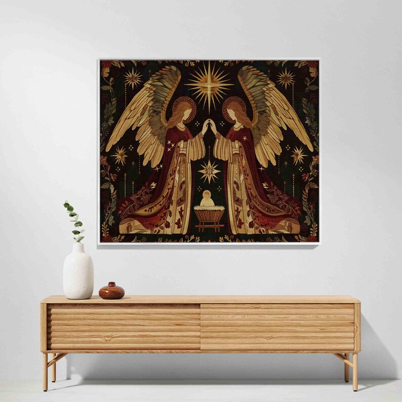 a large, ornate, and colorful painting of angels and a baby nativity scene hanging on a wall above a wooden console table.