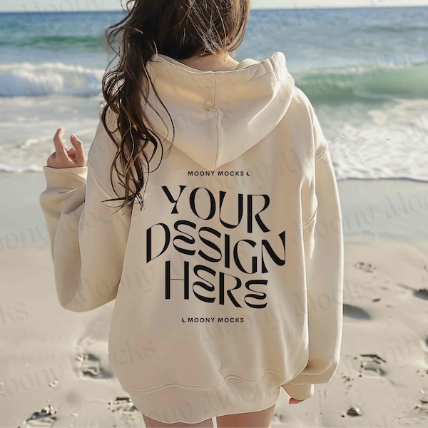 Gildan 18500 White Back Mockup Hoodie White Beach Mockup Back of Gildan 18500 Mock Outdoor Boho Oversized Sweater Lifestyle Styled Trendy