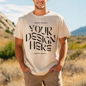 Gildan 5000 Mockup Sand Tshirt Mockup Mens Shirt Mockup Male Model Shirt Sand Gildan 5000 Man Lifestyle Outdoor Nature Mountain Tee Blank