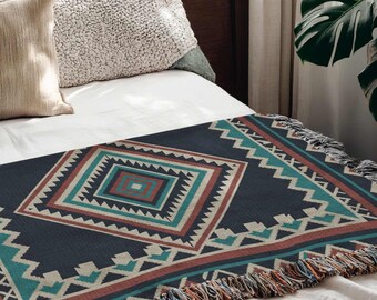 Lodge Cabin Woven Blanket, Aztec Southwestern Throw, Rustic Tribal Home Decor, Boho Moroccan Tapestry