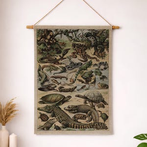 Op de afbeelding: Een rechthoekige stoffen wandhanger met een gedetailleerde illustratie in vintage-stijl van diverse reptielen en amfibieën, waaronder slangen, schildpadden, krokodillen en hagedissen in aardetinten, opgehangen aan een houten stok met een koord.