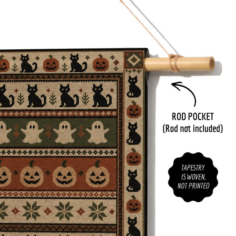 Halloween tapestry with black cats, pumpkins, and ghosts, showing rod pocket and woven construction.