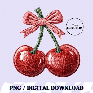 Faux Embroidery Cherry PNG Coquette Cherry Digital Design Trendy Cherry PNG Embroidered Cherry Clipart Cute Cherry Sublimation Shirt Graphic