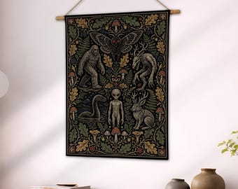 Cryptidcore Decor, Weirdcore Wall Tapestry, Cryptid Blanket, Mothman Folklore, Bigfoot Alien, Wendigo Throw