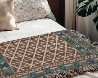 Aztec Tribal Woven Blanket, Turkish Cotton Kilim, Southwestern Throw, Rustic Lodge Moroccan Decor, Boho Ethnic Tapestry