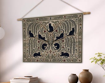 Black Cat Tapestry, William Morris Cat Lover Woven Blanket, Cottagecore Wall Hanging Art, Vintage Witchy Decor, Gothic Cat Mom Gift