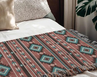 Lodge Woven Blanket, Southwestern Throw, Geometric Cabin Rustic Tribal Decor, Boho Moroccan Tapestry