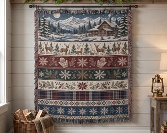 Winter Cabin Woven Blanket, Rustic Christmas Tapestry, Mountain Lodge Wall Hanging Plaid Holiday Throw, Cozy Nordic Forest Decor
