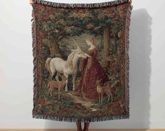 Lady and The Unicorn Tapestry, Medieval Woven Blanket, Renaissance Throw, Vintage Fantasy Art