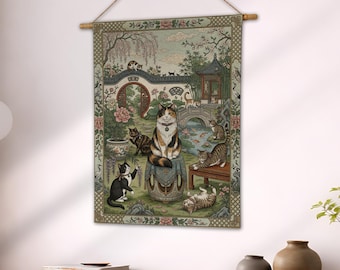 Japanese Garden Cat Woven Blanket, Chinoiserie Wall Tapestry, Floral Oriental Cat Mom Art Throw, Asian Cat Lover Decor Gift
