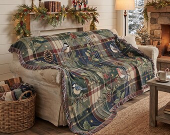 Winter Bird Plaid Woven Blanket, Christmas Tapestry Wall Hanging, Vintage Woodland Tartan Bird Lover Throw, Holiday Cabin Decor Gift