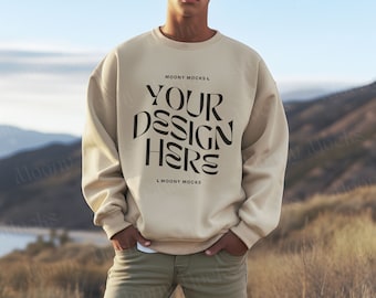 Gildan 18000 Mockup Mens Sand Sweatshirt Sand Gildan 18000 Sweater Mockup Gildan Mock Male Model Oversized Lifestyle Crewneck Outdoor Nature