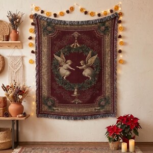 Christmas Angel Blanket, Holiday Tapestry, Vintage Winter Throw, Festive Xmas Decor Gift