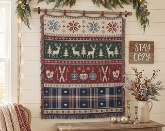 Rustic Christmas Woven Blanket, Nordic Holiday Throw, Winter Cabin Wall Hanging, Folk Art Reindeer Tapestry, Plaid Alpine Ski Lodge Decor