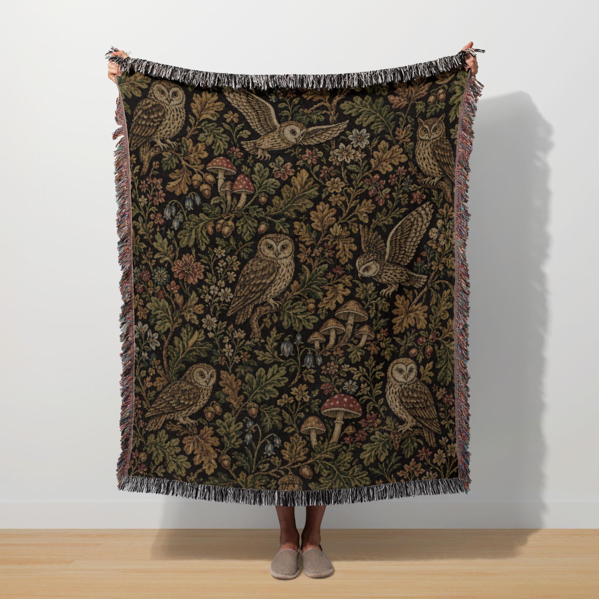 William Morris Owl Blanket, Vintage Woodland Cottagecore Woven Tapestry, Dark Academia Forest Witchy