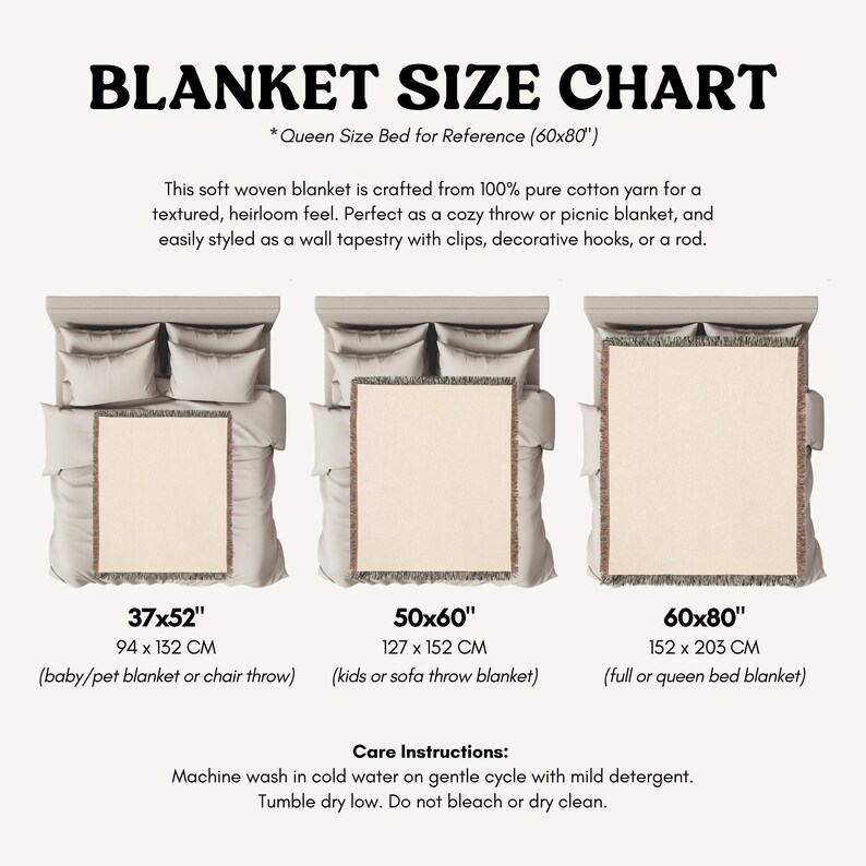 The image is a size chart for a "Queen Size Bed for Reference (60x80)" blanket. It shows three different blanket sizes, each with a corresponding picture of a blanket or a chair throw.