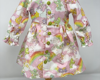 Care Bears Button Dress - Y2K Vintage Pinkes Kleid für 18 ”Puppe, lange Ärmel, durchgeknöpft